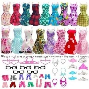 42 Piece Set Fashion Doll Clothing Barbie Style Outfits Accessories Dress Up Lot